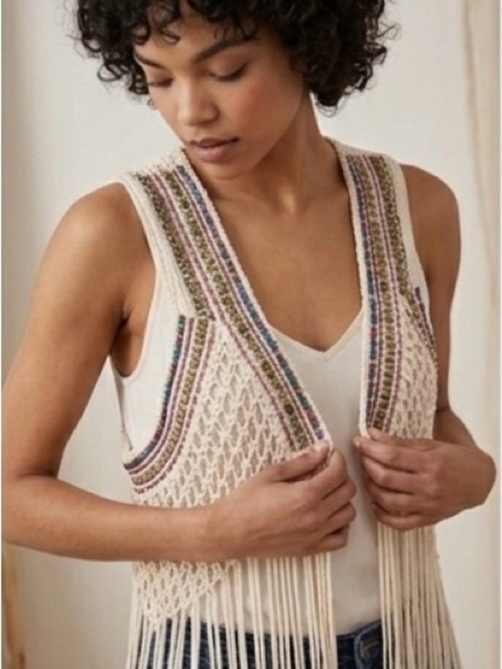 RARE Guess Ivory Macramé Fringe Vest